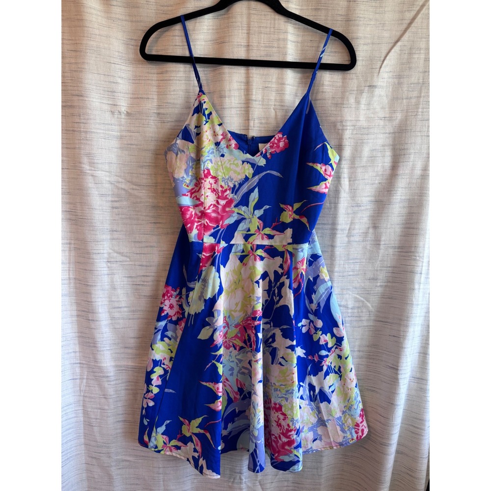 Yumi Kim Blue Floral Fit and Flare Mini Dress V-Neck Spaghetti Strap Medium